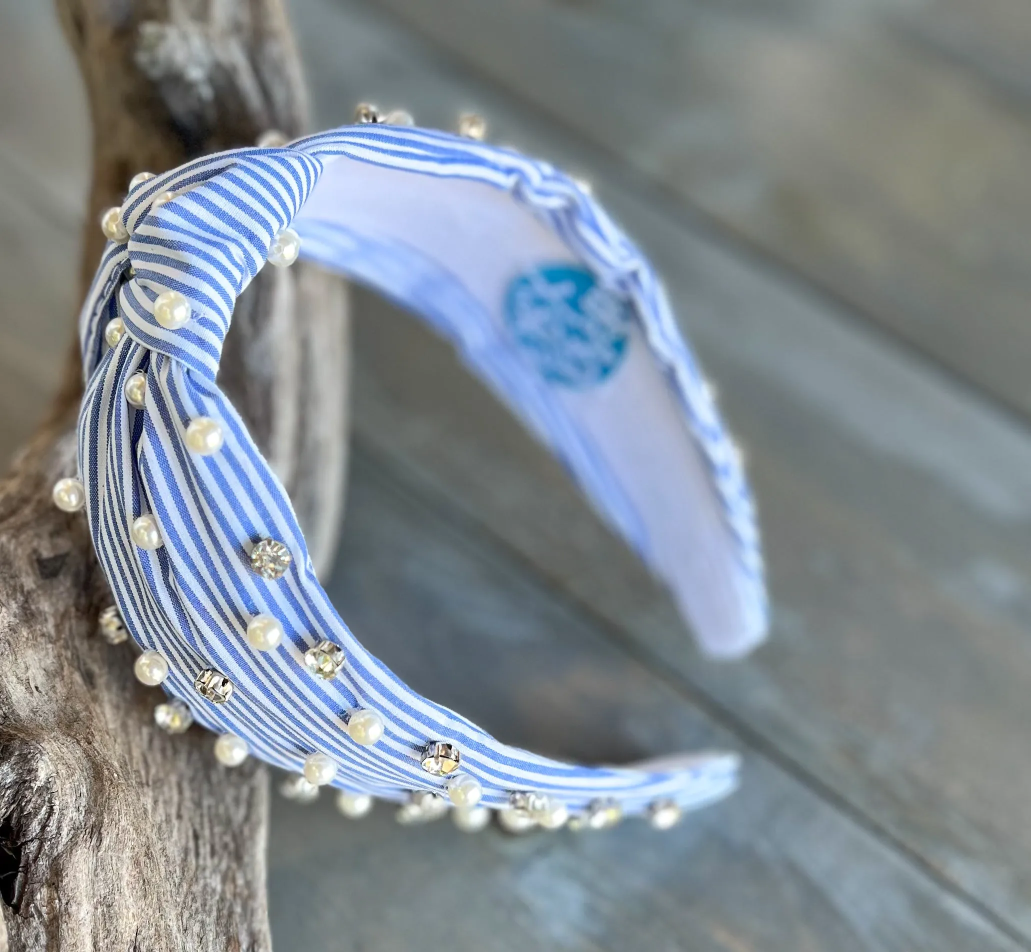 Sydney Striped Blue White Spring Pearl Rhinestone Headband.