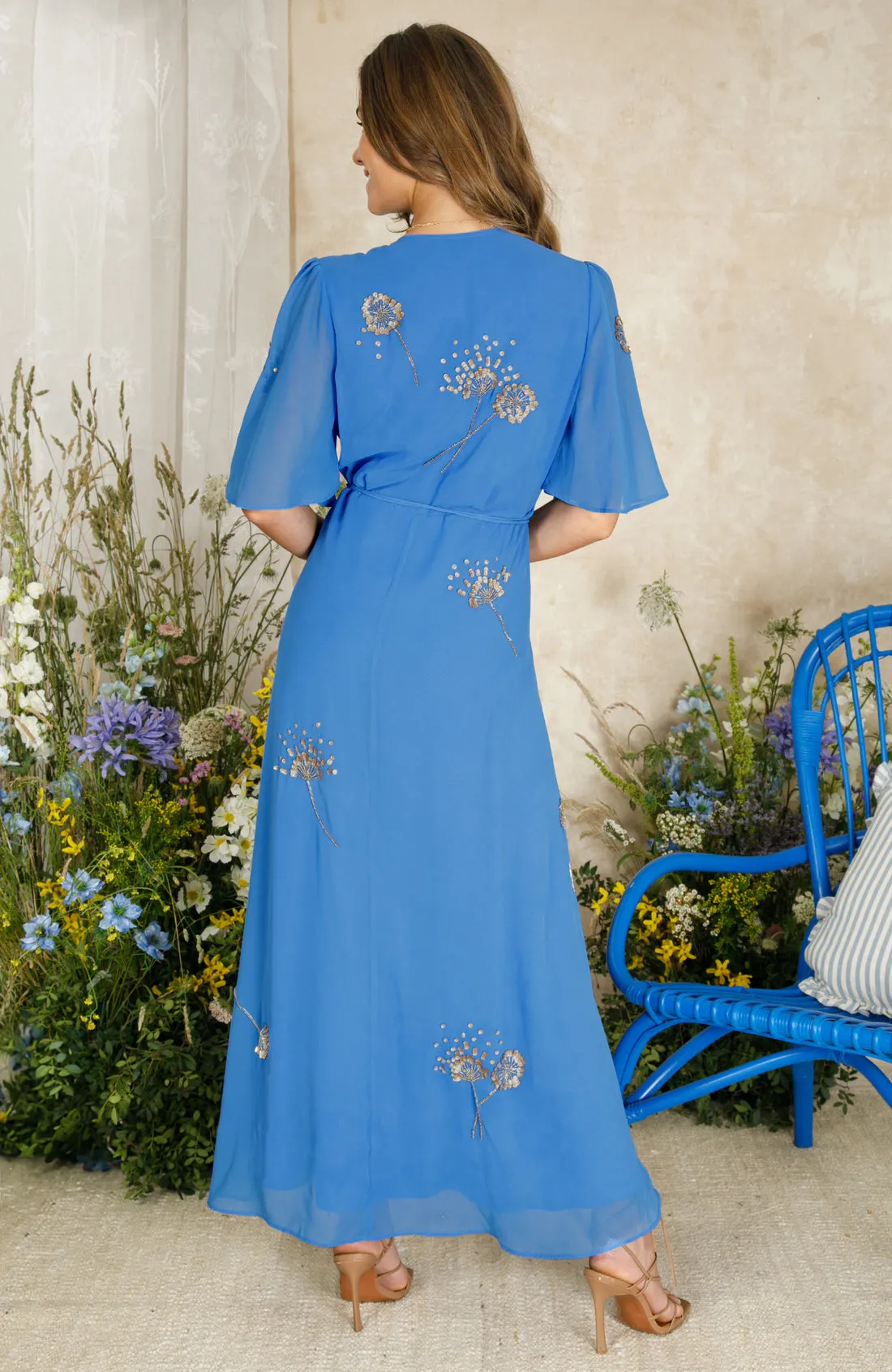 The Mallory Embellished Wrap Dress with Tie Waist and Flutter Sleeve