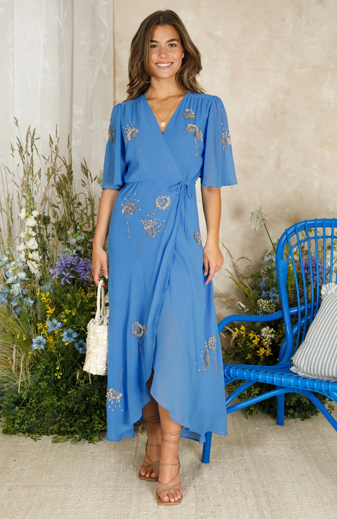The Mallory Embellished Wrap Dress with Tie Waist and Flutter Sleeve