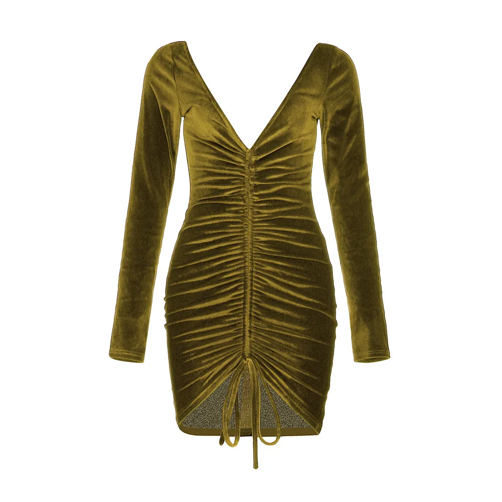 V Neck Long Sleeve Wrinkled Mini Bodycon Dress