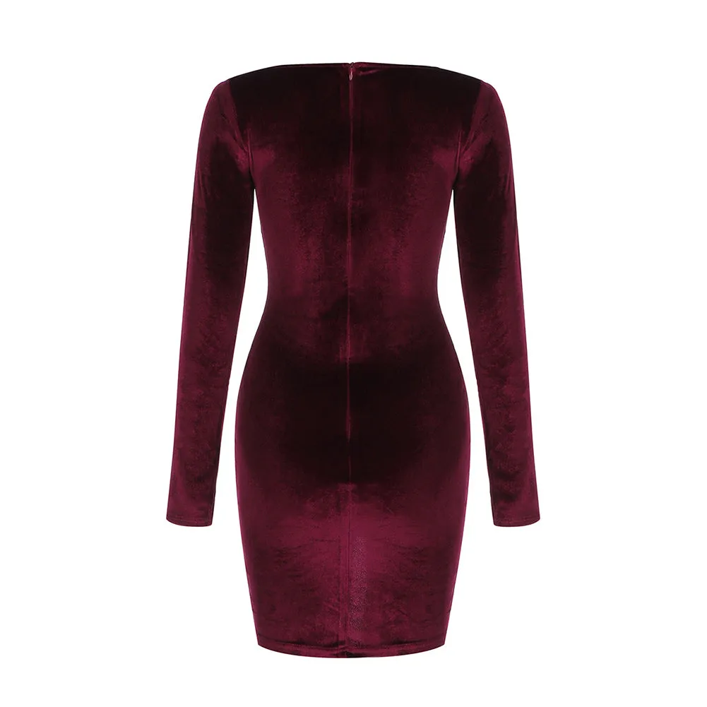 V Neck Long Sleeve Wrinkled Mini Bodycon Dress