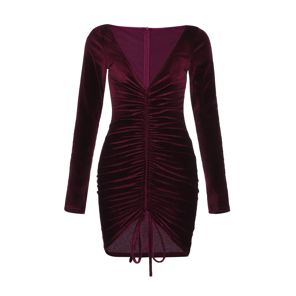 V Neck Long Sleeve Wrinkled Mini Bodycon Dress