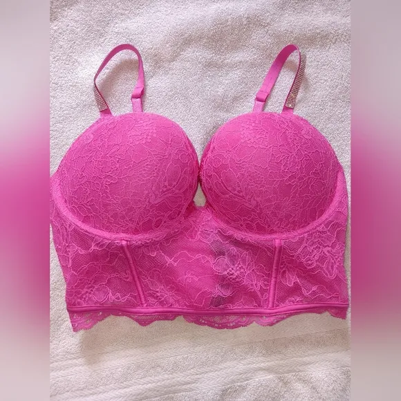 Victoria's Secret Very Sexy Hot Pink Lace Shine Strap Push-Up Corset Top. 36D.