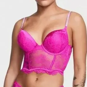 Victoria's Secret Very Sexy Hot Pink Lace Shine Strap Push-Up Corset Top. 36D.