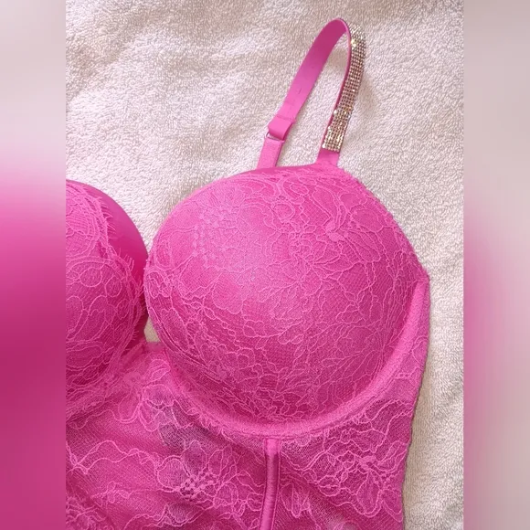Victoria's Secret Very Sexy Hot Pink Lace Shine Strap Push-Up Corset Top. 36D.