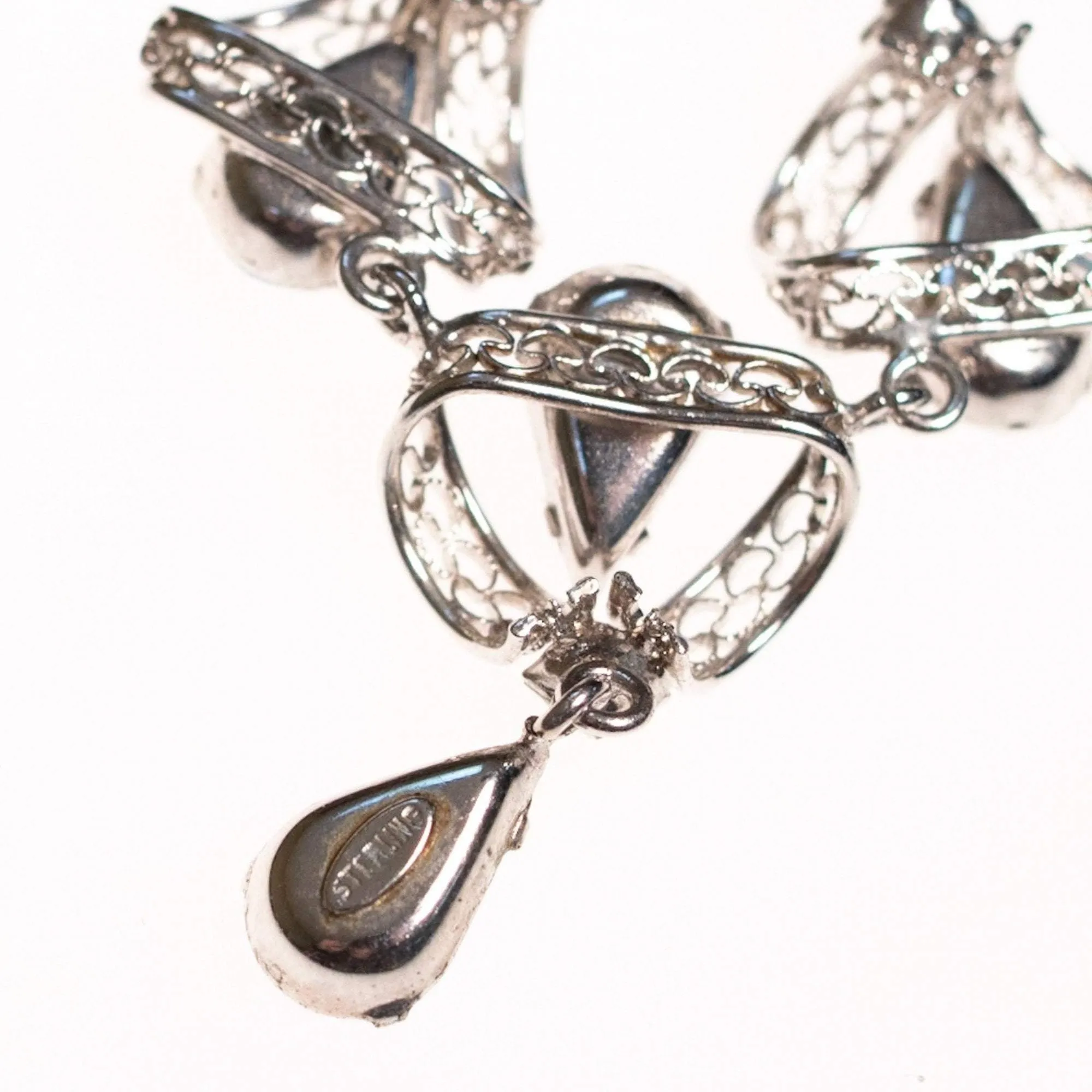 Vintage 1950s Silver Filigree Lavalier Necklace with Blue Crystals