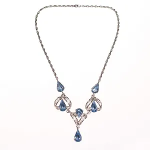 Vintage 1950s Silver Filigree Lavalier Necklace with Blue Crystals