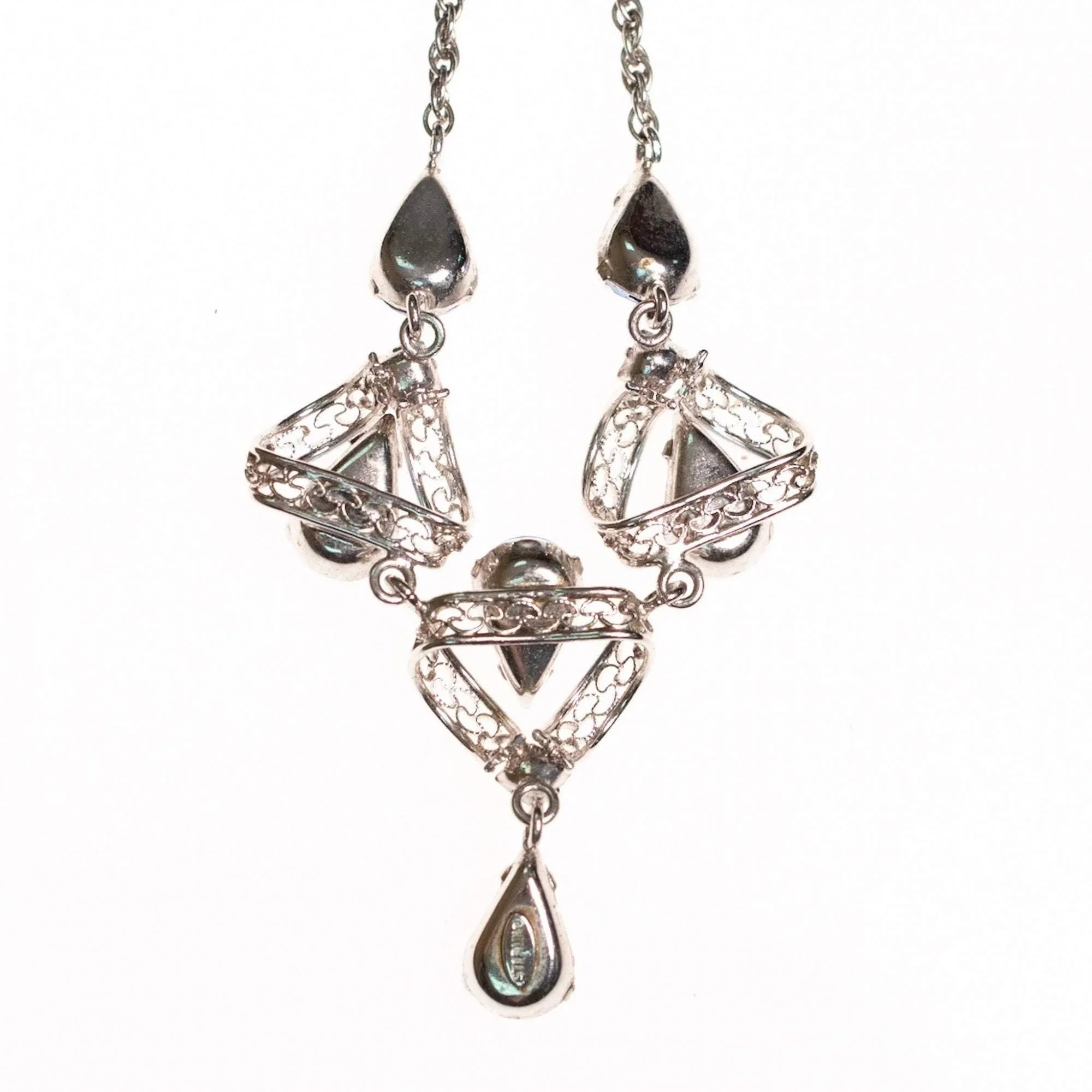 Vintage 1950s Silver Filigree Lavalier Necklace with Blue Crystals