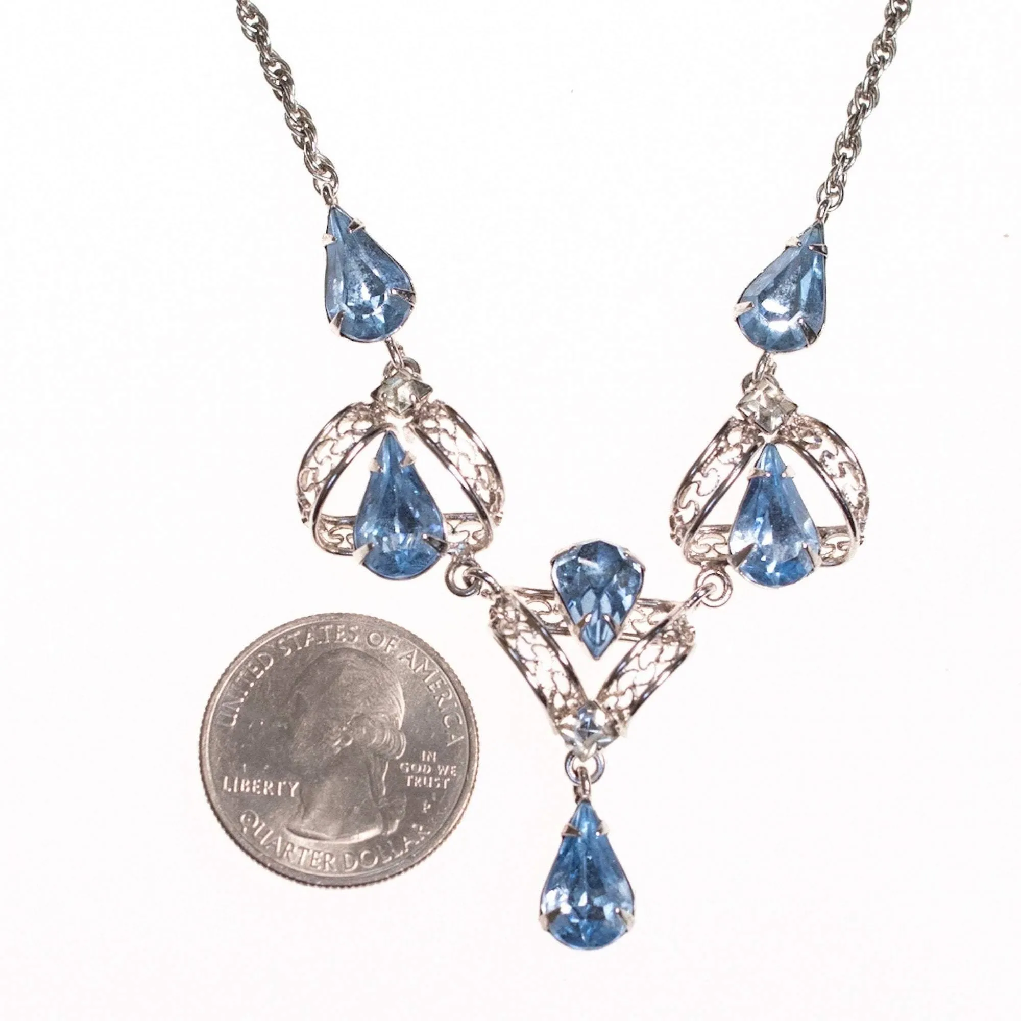 Vintage 1950s Silver Filigree Lavalier Necklace with Blue Crystals