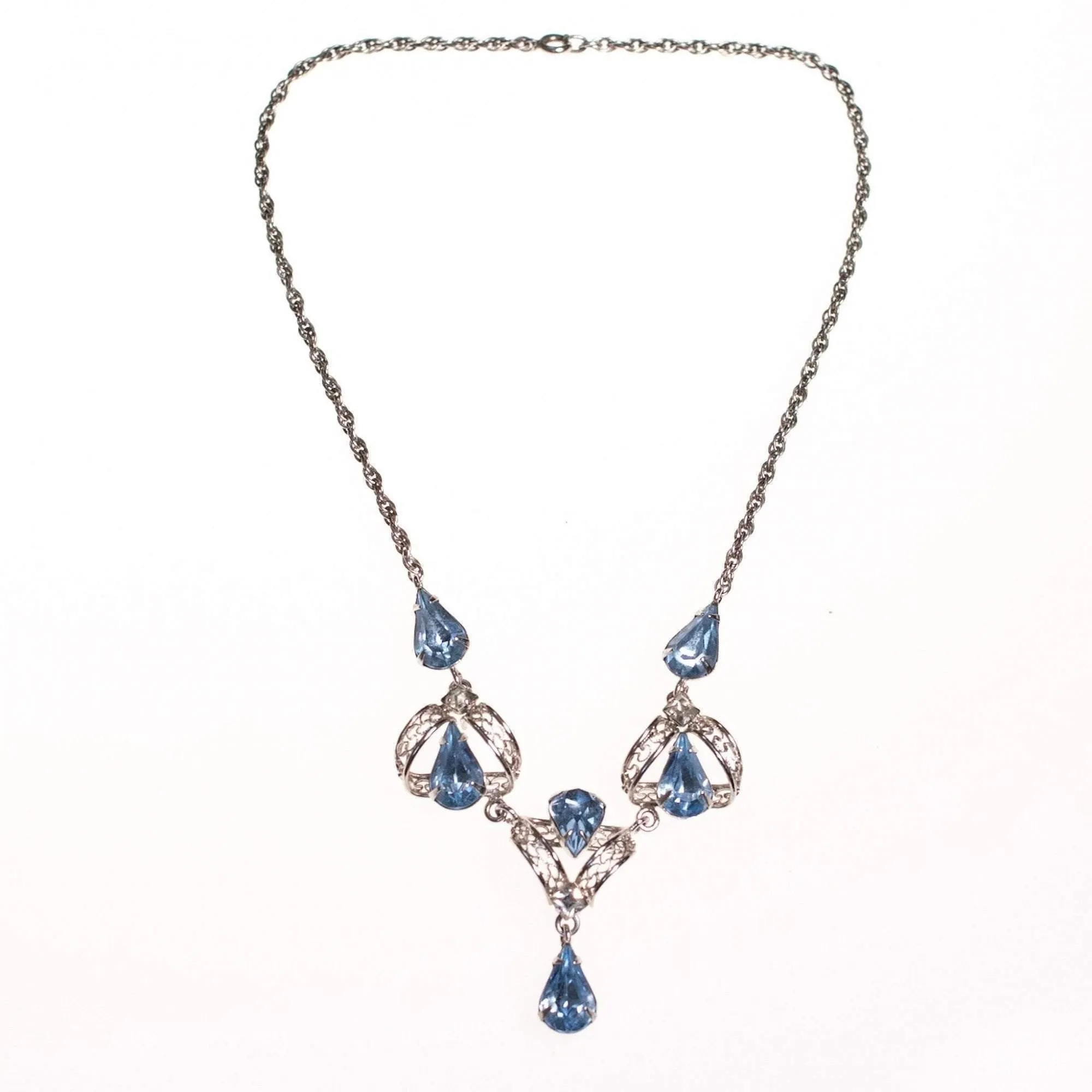 Vintage 1950s Silver Filigree Lavalier Necklace with Blue Crystals
