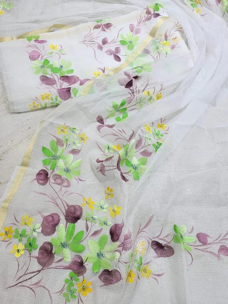 White Hand Painted Cotton Kota Doria Suit With Dupatta