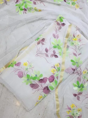 White Hand Painted Cotton Kota Doria Suit With Dupatta