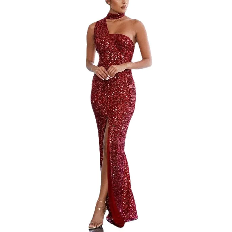 Women's Cold Shoulder Choker Collar Maxi Dress with Thigh Slit