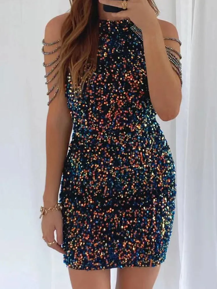 Women's Sparkly Sequined Mini Dress with Jeweled Sleeves