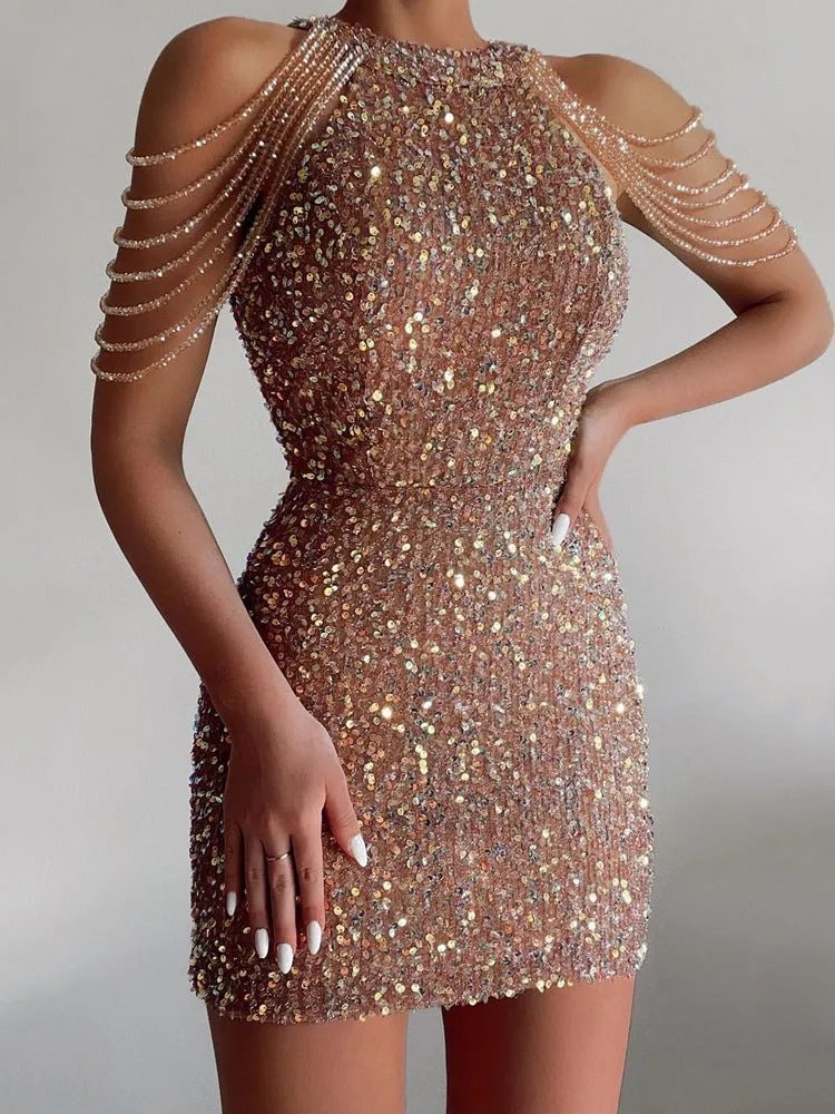 Women's Sparkly Sequined Mini Dress with Jeweled Sleeves