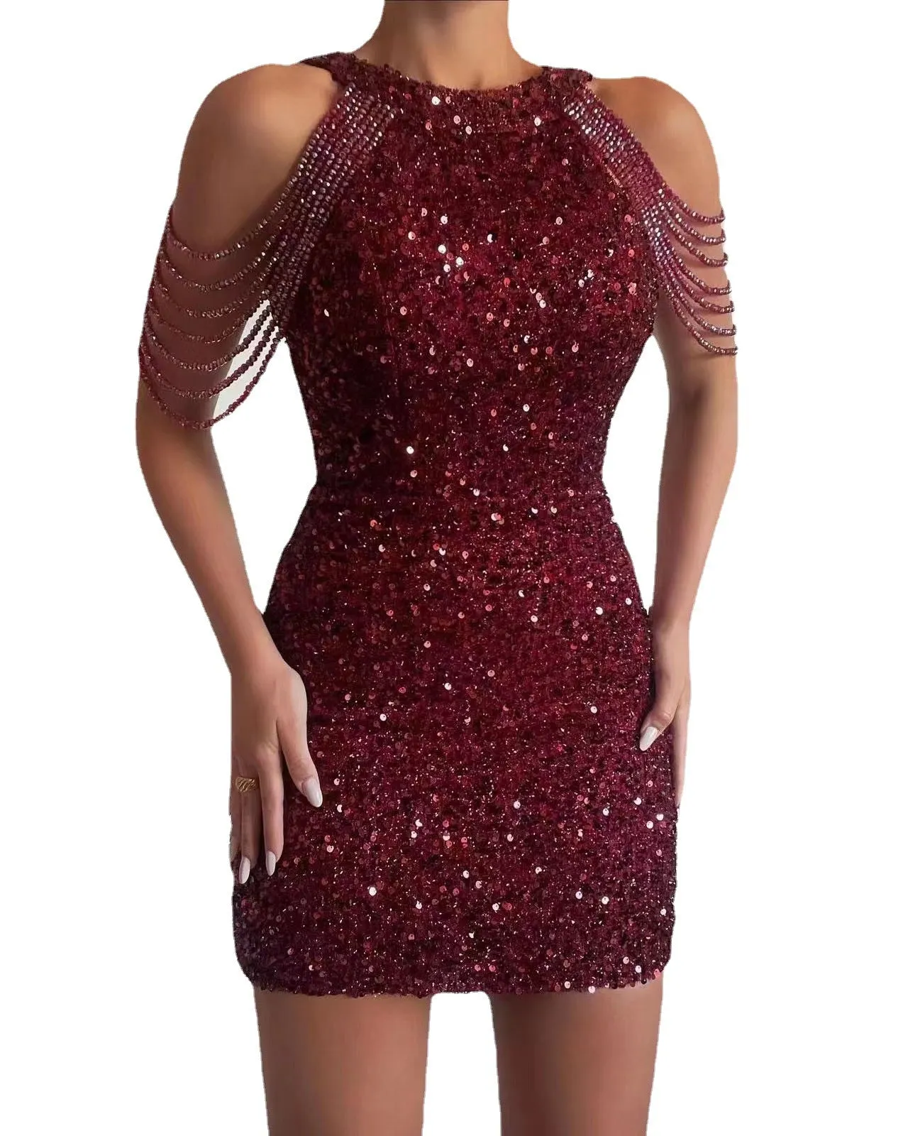 Women's Sparkly Sequined Mini Dress with Jeweled Sleeves