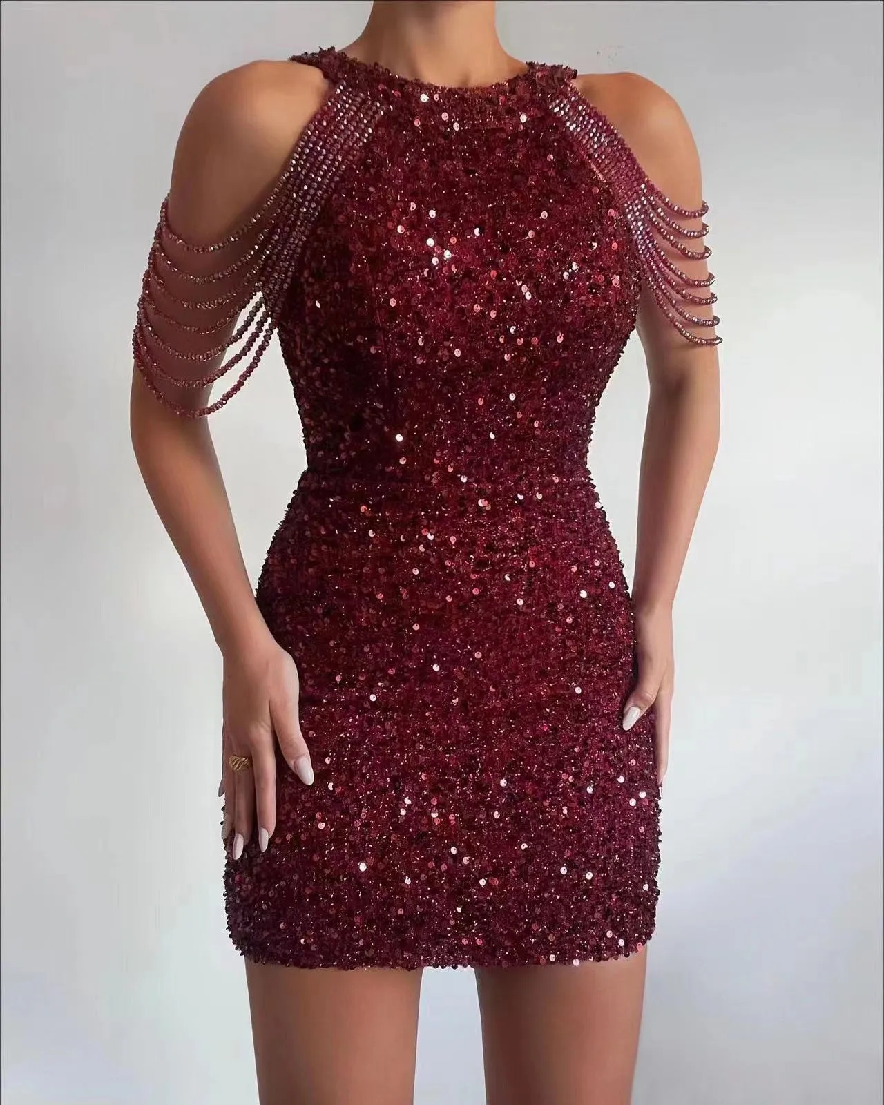 Women's Sparkly Sequined Mini Dress with Jeweled Sleeves
