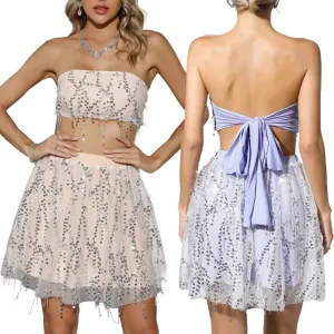 Women’s Two Piece Open Back Crop Top and Mini Skirt Set